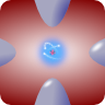 A quadrupolar electrostatic potential is used to trap an ion.